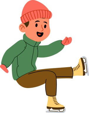 Neşeli bir ifadeyle buz pateni yapan, bereli ve kışın düz bir şekilde giyinen biri. Kaykaycı tek bacağını kaldırır, denge ve hareket gösterir. Çizgi film vektör illüstrasyonu.