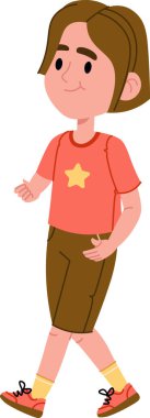 Yıldız tişörtlü genç bir çocuk çizgi film tarzında güvenle yürür. Çocuk neşeli bir ifade ve günlük kıyafetle ileri doğru adım atıyor. Çizgi film vektör illüstrasyonu.