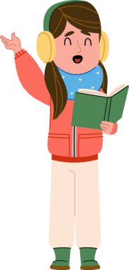 Elinde kitapla şarkı söyleyen, kulaklık takan ve karikatür tarzı eşarp takan bir kız. Çocuk, kış aksesuarları ve açık kitapla tatil şarkıları söylüyor. Çizgi film vektör illüstrasyonu.