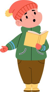 Kış kıyafetli çocuk çizgi film tarzında bir kitaptan şarkı söylüyor. Şapka ve palto giyen bir çocuk şarkı söylerken bir kitap tutar. Çizgi film vektör illüstrasyonu.