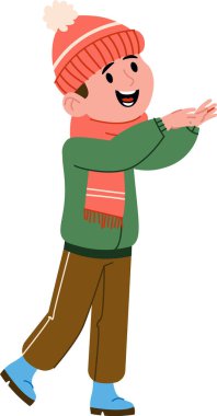 Şapka, eşarp ve ceket giyen bir çocuk çizgi film tarzında el çırpıyor. Resimde kış için sıcak giyinmiş gülümseyen bir çocuk resmediliyor. Çizgi film vektör illüstrasyonu.