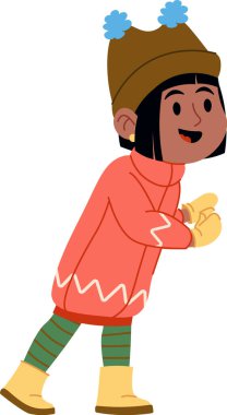 Çizgi film tarzında şapkası ve eldivenleri olan rahat bir kış kıyafeti giyen bir çocuk. Karakter sıcak bir bere ve botla giyinmiş, neşeli bir şekilde gülümsüyor. Çizgi film vektör illüstrasyonu.