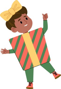 Çizgi film tarzında çizilmiş, kafasında büyük bir fiyonk olan hediye kutusu kostümü giymiş bir çocuk. Resimde, hediye kıyafeti giymiş ve baş parmağını kaldırmış gülümseyen bir çocuk görülüyor. Çizgi film vektör illüstrasyonu.