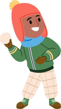 Kışlık giysiler içindeki bir çocuk çizgi film tarzında çizilmiş neşeli bir poz içinde bir kartopu tutar. Karakter sıcak bir şapka, eşarp ve eldiven takıyor, kartopu savaşı için hazır. Çizgi film vektör illüstrasyonu.