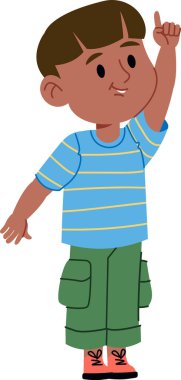 Çizgili gömlekli ve kargo pantolonlu genç bir çocuk çizgi film tarzında yukarı bakıyor. Çocuk, bir eli havada, gündelik kıyafetler giyerek el kol hareketi yapar. Çizgi film vektör illüstrasyonu.