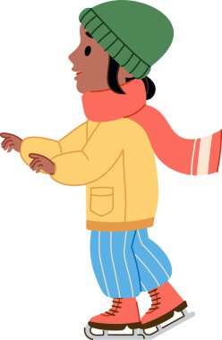 Kışlık giysiler giyen çocuk profil görüntüsünde buz pateni yapıyor. Eşarp ve şapkayla paten kayan genç. Çizgi film vektör illüstrasyonu.