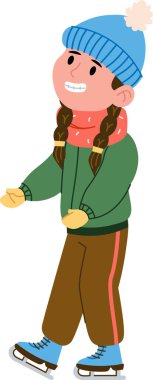 Kış kıyafetli, örgülü, bereli ve çizgi film tarzında buzda kayan bir kız. Genç patenci kalın giysiler ve eldivenler giyip buz pateninin keyfini çıkarıyor. Çizgi film vektör illüstrasyonu.