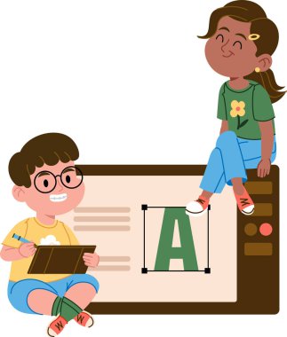 İki çocuk, çizgi film tarzında büyük bir ekranda dijital sanat eserleri yaratmakla mutlu bir şekilde meşgul. Gözlüklü bir çocuk resim çizerken, bir kız ekranda gülümsüyor. Çizgi film vektör illüstrasyonu.