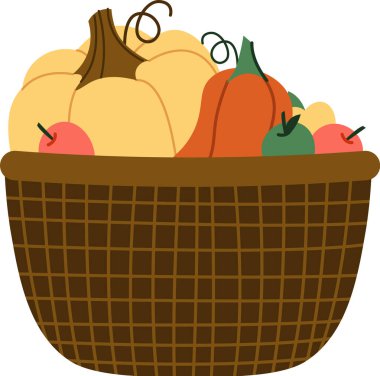 Balkabağı, elma ve kabakla dolu düz bir sepet. İllüstrasyonda, sonbaharın dokuma kabında üretildiği resmediliyor. Çizgi film vektör illüstrasyonu.