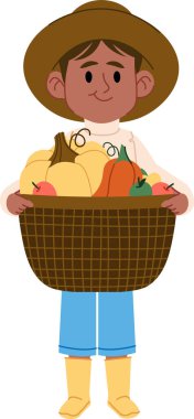 Geniş kenarlı şapkalı bir çiftçi çizgi film tarzında çeşitli sebzelerle dolu bir sepet tutar. Karakter bir ürün koleksiyonuyla gülümsüyor. Çizgi film vektör illüstrasyonu.