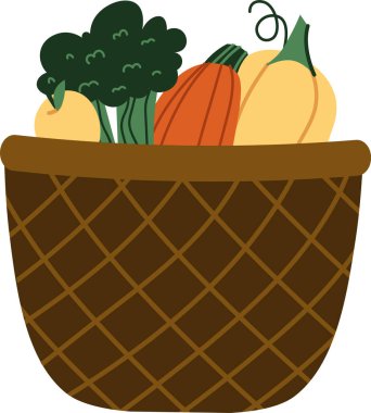 Brokoli, kabak ve balkabağı dolu düz bir sepet. Sebzeler basit bir tasarımı olan dokuma kabında düzenlenir. Çizgi film vektör illüstrasyonu.