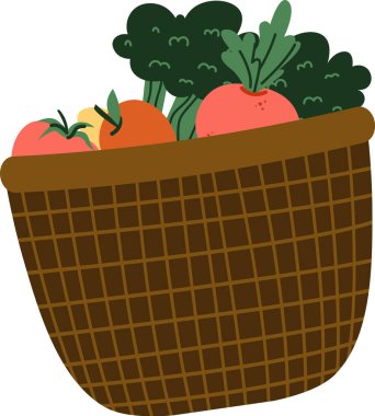Düz bir tarzda çeşitli sebzelerle dolu bir dokuma sepeti. Ürünlerde basit bir şekilde betimlenmiş yapraklı yeşiller, domatesler ve havuçlar yer alıyor. Çizgi film vektör illüstrasyonu.