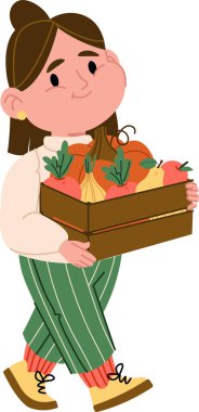 Çizgi film tarzında bir kutu sebzesi olan biri. Bireyin elinde eğlenceli bir şekilde resmedilmiş ürünlerle dolu bir kasa var. Çizgi film vektör illüstrasyonu.