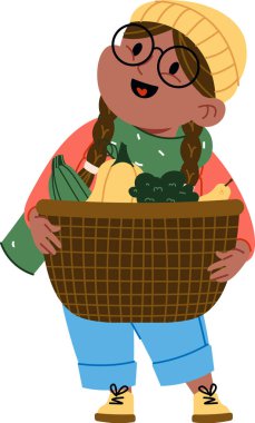 Gözlüklü ve örgülü bir kız bir sepet sebzeyi çizgi film tarzında tutuyor. Şapka ve eşarp takıyor, izleyiciye sıcak bir şekilde gülümsüyor. Çizgi film vektör illüstrasyonu.