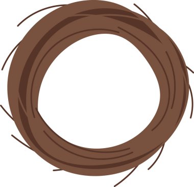 Dal dallarından yapılmış, temiz vektör tarzında yuvarlak bir kuş yuvası. Yuva, dairesel bir şekil oluşturan üst üste binen dallarla betimlenir. Çizgi film vektör illüstrasyonu.