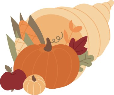 Düz bir tarzda balkabağı, mısır ve elmayla dolu bir cornucopia. Bolluk boynuzu mevsimlik meyve ve sebzelerle dolup taşıyor. Çizgi film vektör illüstrasyonu.