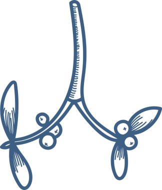 Yuvarlak böğürtlenli ökseotu dalı. Kıvrımlı yapraklar ve böğürtlenler eskiz gibi resmedilmiş. Çizgi film vektör illüstrasyonu.