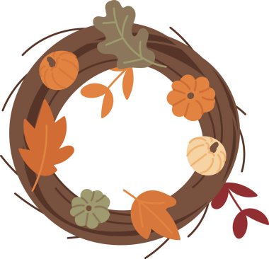 Balkabağı ve yapraklarla süslenmiş dairesel bir çelenk. Bileşim simetrik olarak düzenlenmiş çeşitli sonbahar elementlerini içerir. Çizgi film vektör illüstrasyonu.