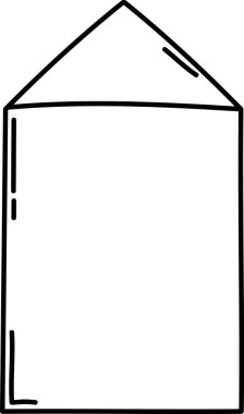 Üçgen çatılı ve dikdörtgen tabanlı bir geometrik ev şekli. Resimde, temiz çizgiler ve en az detayla basit bir yapı resmediliyor. Çizgi film vektör illüstrasyonu.