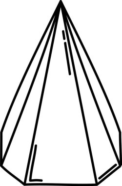 Keskin çizgileri ve açıları temiz hatları olan geometrik bir piramit. Çizim doğrusal hassasiyet ve sadelikle sivri bir yapı tasvir ediyor. Çizgi film vektör illüstrasyonu.