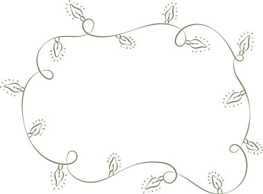 Noel ışıklarından yapılmış dekoratif çerçeve aralıksız bir sanat tarzında. Parıldayan ampuller düzgün kıvrımlar ve döngülerle zarif bir sınır oluştururlar. Çizgi film vektör illüstrasyonu.