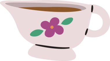 Çiçekle süslenmiş bir çay fincanı ve çizgi film tarzında yapraklar. Fincanda çiçek motifi ve basit şekiller var. Çizgi film vektör illüstrasyonu.