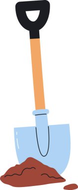 Tahta saplı ve metal bıçaklı bir kürek düz bir şekilde toprak yığını içinde dikiliyor. Kürek toprağa gömülü, bahçe aletleri sergileniyor. Çizgi film vektör illüstrasyonu.
