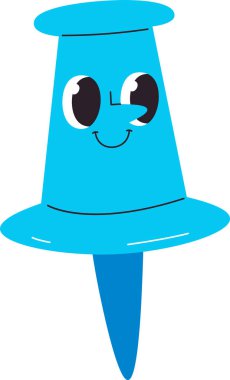 Çizgi film tarzında kocaman gözleri olan gülümseyen bir raptiye. İğne neşeli bir ifade ve basit çizgilerle tasvir edilir. Çizgi film vektör illüstrasyonu.