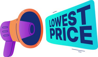 Bir megafon modern vektör stili kullanılarak kalın harflerle En Düşük Fiyat kelimelerini yansıtır. Resimde, dinamik şekilli bir tanıtım mesajı vurgulanıyor. Çizgi film vektör illüstrasyonu.