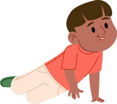 Sıradan kıyafetli genç bir çocuk çizgi film tarzında yerde sürünüyor. Çocuk dostane bir ifade ve basit şekillerle tasvir edilir. Çizgi film vektör illüstrasyonu.