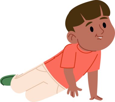 Sıradan kıyafetli genç bir çocuk çizgi film tarzında yerde sürünüyor. Çocuk dostane bir ifade ve basit şekillerle tasvir edilir. Çizgi film vektör illüstrasyonu.