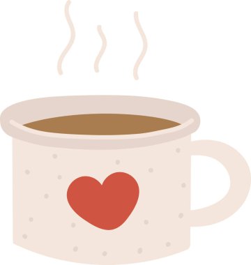 Düz bir kalp tasarımı olan dumanı üstünde bir kahve fincanı. Kupa basit bir kalp desenine sahip ve buhar yayıyor. Çizgi film vektör illüstrasyonu.