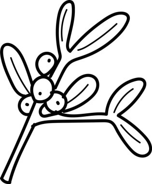 Kalın çizgi şeklinde çizilmiş böğürtlenli ökseotu dalı. Resimde yapraklar ve böğürtlenler temiz ve özetlenmiş bir şekilde tasvir ediliyor. Çizgi film vektör illüstrasyonu.