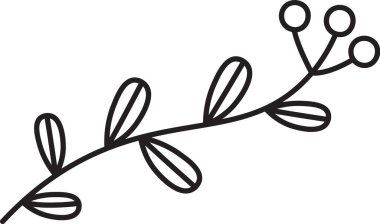 Yapraklar ve böğürtlenlerle dolu basit bir dal çizimi. Resimde oval yapraklar ve yuvarlak meyvelerle süslenmiş bir dal tasvir ediliyor. Çizgi film vektör illüstrasyonu.