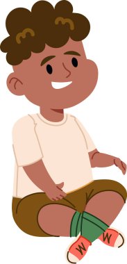 Kıvırcık saçlı genç bir çocuk bacak bacak üstüne atmış, çizgi film tarzında gülümsüyor. Çocuk rahat bir kıyafet giyiyor, dostane bir tavır sergiliyor. Çizgi film vektör illüstrasyonu.