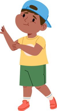 Şapkalı ve günlük kıyafetleri olan genç bir çocuk çizgi film tarzında neşeli bir jestle ayakta duruyor. Çocuk şort, tişört ve spor ayakkabı giyiyor, rahat bir hava yayıyor. Çizgi film vektör illüstrasyonu.