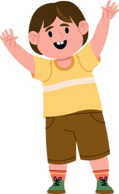 Kollarını kaldırmış, çizgi film tarzında gülümseyen bir çocuk. Çocuk neşeli bir ifade ve günlük kıyafetle tasvir ediliyor. Çizgi film vektör illüstrasyonu.