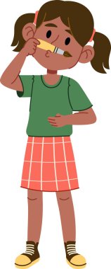 At kuyruklu genç bir kız neşeli bir çizgi film tarzında gözünün yanında bir kalem tutuyor. Ekose etekli ve spor ayakkabılı bir çocuk tuhaf bir ifadeyle ayakta duruyor. Çizgi film vektör illüstrasyonu.