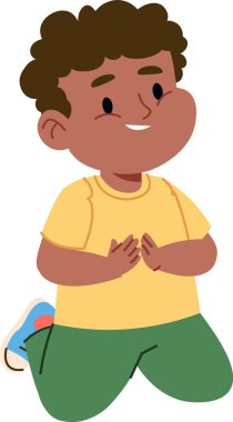 Kıvırcık saçlı genç bir çocuk çizgi film tarzında çizilmiş bir gülümsemeyle diz çöker. Çocuk gündelik kıyafetler giyiyor ve dizlerinin üzerinde mutlu görünüyor. Çizgi film vektör illüstrasyonu.