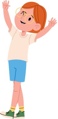 Gözlüklü ve çizgi film tarzında kollarını kaldırmış gülümseyen bir çocuk. Çocuk şort ve spor ayakkabı giyer, sevinç ve heyecanı ifade eder. Çizgi film vektör illüstrasyonu.