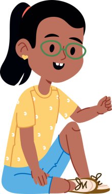 Gözlüklü genç bir kız çizgi film tarzında çizilmiş, mutlu bir şekilde oturur. Çocuk günlük kıyafetler giyiyor ve sıcak bir şekilde gülümsüyor. Çizgi film vektör illüstrasyonu.