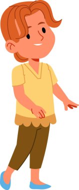 Dalgalı saçlı genç bir çocuk, çizgi film tarzında çizilmiş sıradan bir kıyafetle gülümsüyor. Çocuk oyuncu bir şekilde tasvir edilmiş kısa kollu bir gömlek ve pantolon giyiyor. Çizgi film vektör illüstrasyonu.