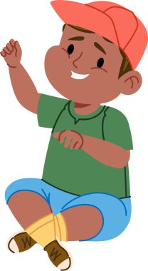 Şapkalı bir çocuk bacak bacak üstüne atmış, sıradan bir kıyafetle mutlu bir şekilde gülümsüyor. Çocuk neşeli bir ifade ve rahat bir duruş ile tasvir edilir. Çizgi film vektör illüstrasyonu.