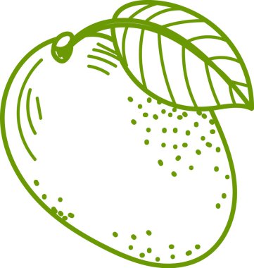 Basit bir sanat tarzında tek yapraklı mango. Meyve noktalı doku ve kıvrımlı çizgilerle tasvir edilir. Çizgi film vektör illüstrasyonu.