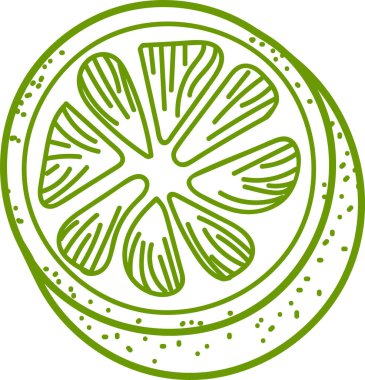 Detaylı bir el yapımı narenciye dilimi, dokulu bölümler ve noktalı kabuk. İllüstrasyon, karışık bir çizgi ile stilize bir meyve kesitini yakalıyor. Çizgi film vektör illüstrasyonu.