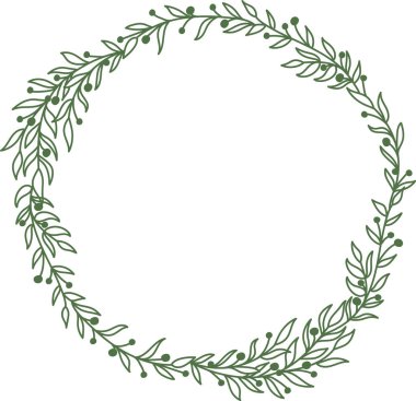 Narin yapraklar ve küçük böğürtlenlerden oluşan dairesel bir çelenk. Tasarım, karmaşık yaprak detaylarıyla zarif bir sınır oluşturuyor. Çizgi film vektör illüstrasyonu.