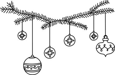 Noel süsleri asılmış çam dalı. Temiz bir sanat tarzı. Dekoratif takılar, şenlikli bir düzende daldan zarif bir şekilde sarkıyor. Çizgi film vektör illüstrasyonu.