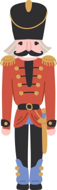 Uzun şapkalı ve bıyıklı, detaylı üniformalı bir asker. Karakter, yanında bir kılıç ve dekoratif düğmelerle dimdik ayakta duruyor. Çizgi film vektör illüstrasyonu.
