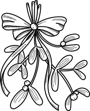 El çizimi bir kurdele yayı ile süslenmiş ökseotunun detaylı bir çizimi. Böğürtlenli ökseotu dalları ve dekoratif bir fiyonk doğrusal bir şekilde gösterilir. Çizgi film vektör illüstrasyonu.