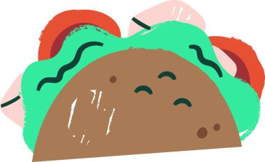 Soyut sebzelerle dolu, cesur ve dokulu bir taco. İllüstrasyonda marul, domates ve diğer malzemeler yer alıyor. Çizgi film vektör illüstrasyonu.